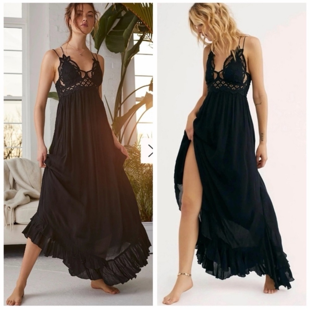 Free people Adella black lace ruffle maxi dress boho dark romantic vacation sexy